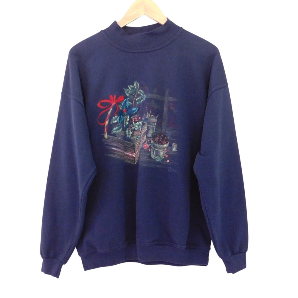 Vintage Northern Reflections Blue Winter Snow Cabin Grandma Sweatshirt Sz Large